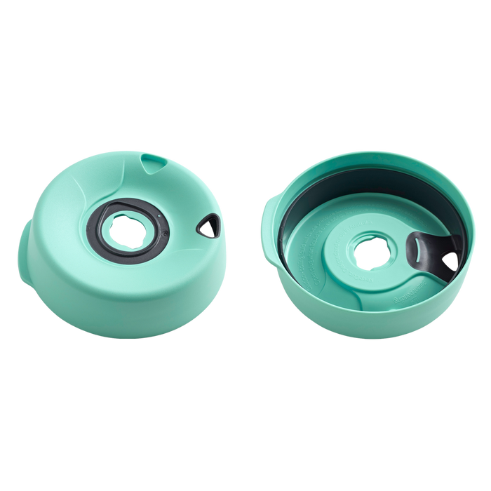 Splashproof Lid Base in Mint shown from two angles: the top view displays the circular lid with central drinking hole and grey silicone seal, while the underside view reveals the internal mechanism and threading for attachment to KeepCup vessels.