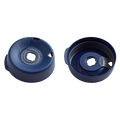 Navy Splashproof Lid Base shown from two angles: the top view displaying the hexagonal centre opening with grey silicone seal and ventilation slots, and the underside view revealing the internal structure and moulded branding text.