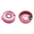 KeepCup Splashproof Lid Base in Peony pink, shown from two angles: top view displaying the circular lid with central drinking hole and air vent, and underside view revealing the internal sealing mechanism and embossed text indicating it is designed and made in Australia.