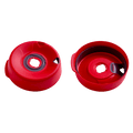 Red Splashproof Lid Base shown from two angles – the top view displaying the central drinking hole with grey silicone seal, and the underside view revealing the internal mechanism and embossed branding.