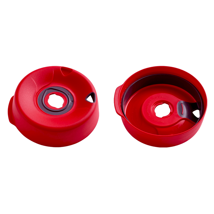 Red Splashproof Lid Base shown from two angles – the top view displaying the central drinking hole with grey silicone seal, and the underside view revealing the internal mechanism and embossed branding.