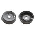 Splashproof Lid Base in Soft Charcoal shown from two angles: the top view displaying the central drinking hole and side ventilation slots, and the interior view revealing the KeepCup branding and text "Designed and made in Australia.
