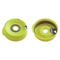 Splashproof Lid Base in Splice colour shown from two angles—top view displaying the central drinking hole with grey silicone seal, and underside view revealing the internal mechanism and curved splash guard.