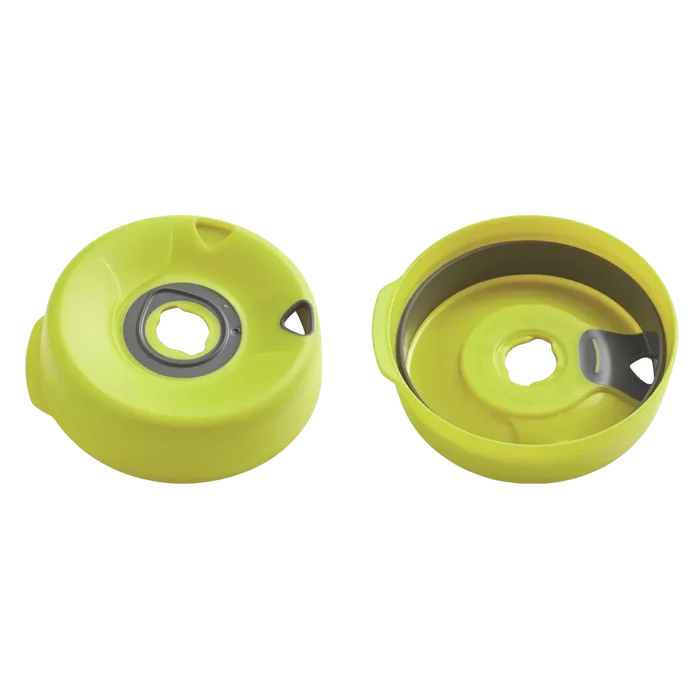 Splashproof Lid Base in Splice colour shown from two angles—top view displaying the central drinking hole with grey silicone seal, and underside view revealing the internal mechanism and curved splash guard.