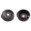 KeepCup Splashproof Lid Base in The Force colour shown from two angles — the domed top view displaying the drinking hole and ventilation openings, and the underside revealing the internal mechanism and embossed text. Dark brown plastic components against a white background.