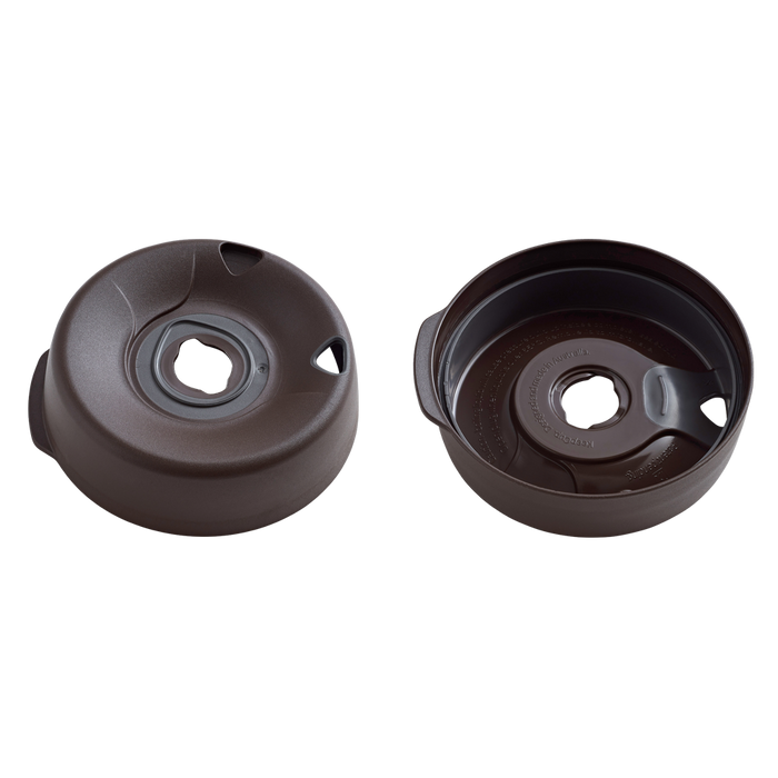 KeepCup Splashproof Lid Base in The Force colour shown from two angles — the domed top view displaying the drinking hole and ventilation openings, and the underside revealing the internal mechanism and embossed text. Dark brown plastic components against a white background.