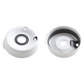 KeepCup Splashproof Lid Base in White shown from two angles: the top view displaying the central opening with grey silicone seal and triangular steam vents, and an interior view revealing the underside construction and how it fits within the cup rim.