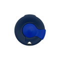 Top-down view of a KeepCup Splashproof Lid in dark navy with a bright blue sliding closure and embossed KeepCup logo in the centre.