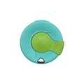 Top-down view of a KeepCup Splashproof Lid in turquoise with a lime green sliding closure featuring the embossed KeepCup logo, shown against a white background.