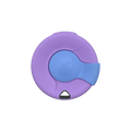 Top-down view of a KeepCup Splashproof Lid in lavender and blue, showing the circular lid with sliding sipper cover embossed with the KeepCup logo and a small triangular vent hole at the bottom.