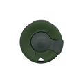 Top-down view of a KeepCup Splashproof Lid in deep olive green, featuring a darker grey sliding closure with embossed KeepCup logo and a small triangular drinking opening at the bottom edge.