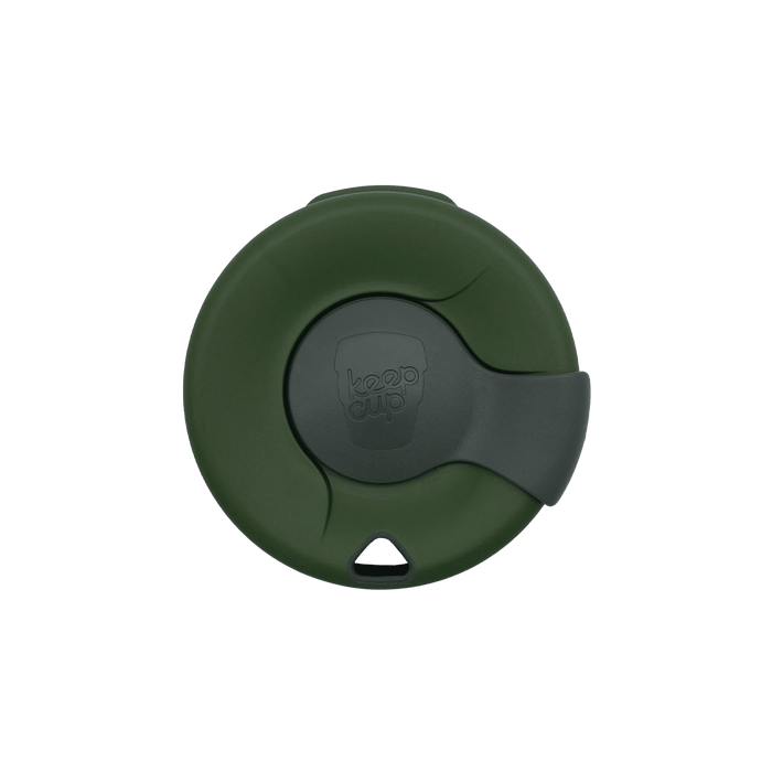 Top-down view of a KeepCup Splashproof Lid in deep olive green, featuring a darker grey sliding closure with embossed KeepCup logo and a small triangular drinking opening at the bottom edge.