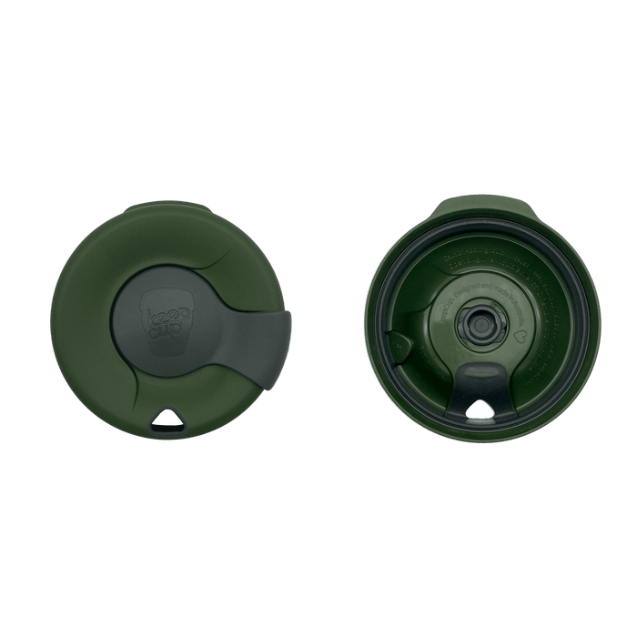 Top and underside view of the KeepCup Splashproof Lid in Pine, showing the dark olive green lid with integrated sipper plug featuring the KeepCup logo, and the underside revealing the sealing mechanism and "Designed and made in Australia" text.