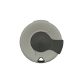 Top-down view of a KeepCup Splashproof Lid in light grey with a dark grey sliding closure featuring the embossed KeepCup logo, and a small triangular drinking hole at the bottom edge.