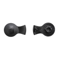 Splashproof Plug in Black shown from two angles: the top view displays the embossed KeepCup logo, while the underside reveals the circular plug mechanism and recycling symbol.