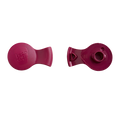 Top and bottom view of the KeepCup Splashproof Plug in Burgundy, showing the smooth outer surface with embossed KeepCup logo and the underside with the silicone valve mechanism and recycling symbol.