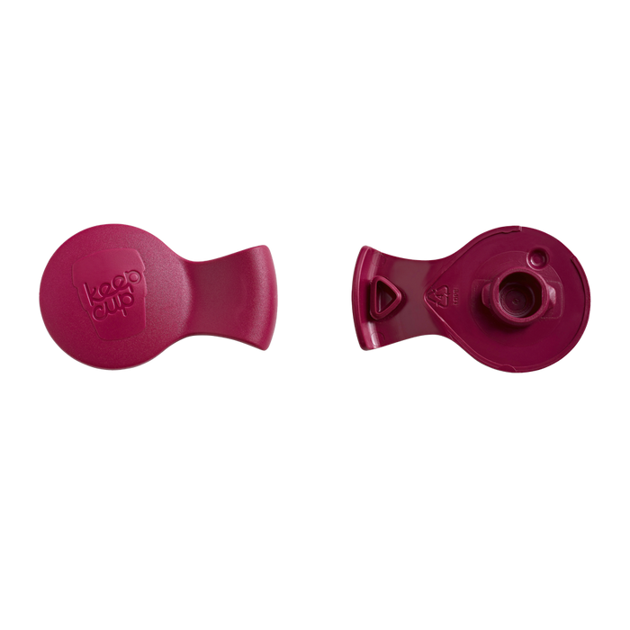 Top and bottom view of the KeepCup Splashproof Plug in Burgundy, showing the smooth outer surface with embossed KeepCup logo and the underside with the silicone valve mechanism and recycling symbol.