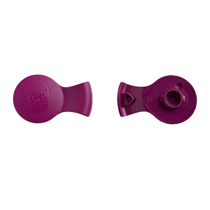 Top and bottom view of the KeepCup Splashproof Plug in Grenache, showing the smooth exterior with embossed KeepCup logo and the underside with the silicone spout and triangular vent mechanism.