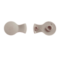 Front and back view of the KeepCup Splashproof Plug in Latte colour, showing the embossed KeepCup logo on the top side and the underside with spout opening and recycling symbol.