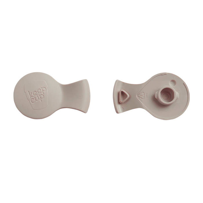 Front and back view of the KeepCup Splashproof Plug in Latte colour, showing the embossed KeepCup logo on the top side and the underside with spout opening and recycling symbol.
