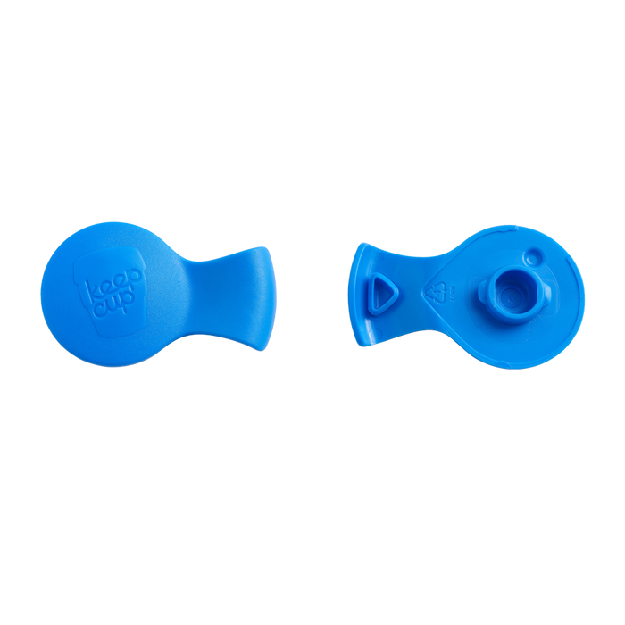 KeepCup Splashproof Plug in New Blue shown from two angles: the top view displaying the embossed KeepCup logo, and the underside revealing the plug mechanism with recycling symbol.