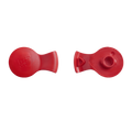 Top and bottom view of the KeepCup Splashproof Plug in Poppy, showing the smooth red exterior with embossed KeepCup logo and the underside featuring the silicone sealing mechanism.