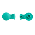 Top and bottom views of the KeepCup Splashproof Plug in Turquoise Green, showing the smooth branded surface on one side and the functional spout and triangular vent opening on the underside.