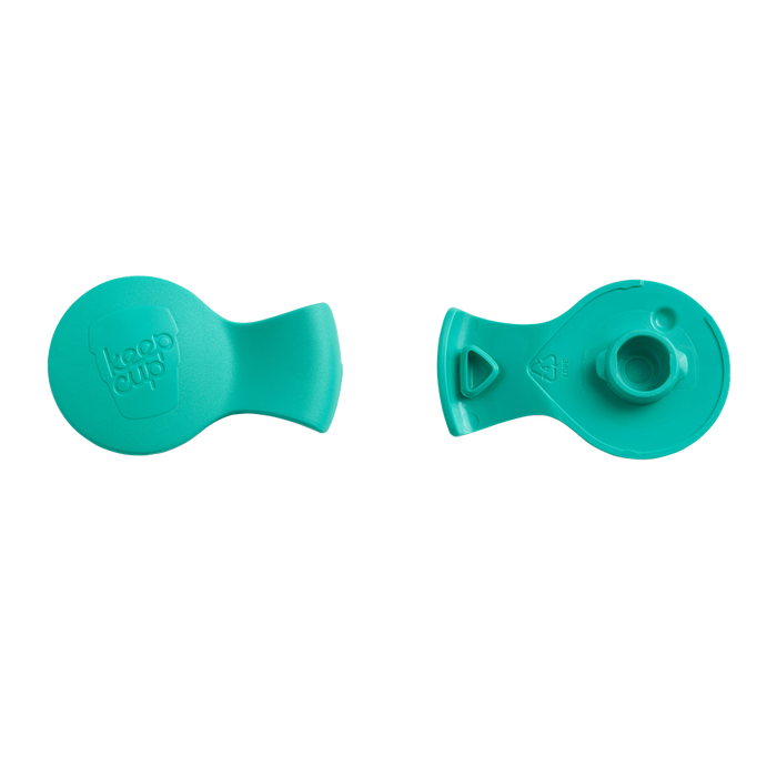 Top and bottom views of the KeepCup Splashproof Plug in Turquoise Green, showing the smooth branded surface on one side and the functional spout and triangular vent opening on the underside.