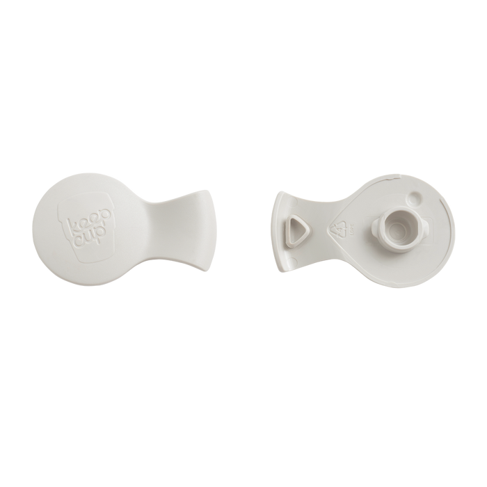 White Splashproof Plug for S/M/L KeepCup shown from top and underside views, displaying the KeepCup logo on the smooth outer surface and the circular spout attachment mechanism beneath.
