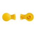 Two views of the KeepCup Splashproof Plug in Yellow Bird, showing the smooth top surface with embossed KeepCup logo on the left and the underside with the plug mechanism and fitting details on the right, photographed against a white background.