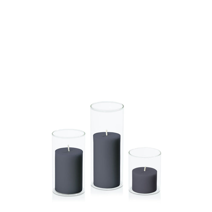 Steel Blue 5cm Pillar in 5.8cm Glass, Sm - Set of 6