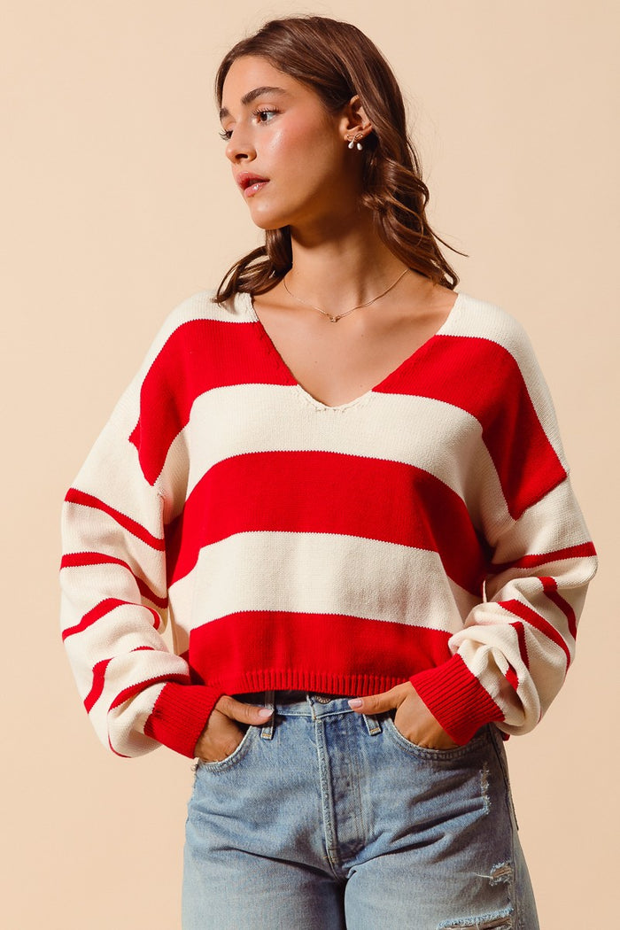 Stripe Knitted V- Neck Loose Fit