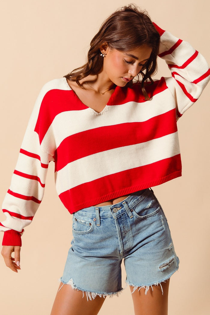 Stripe Knitted V- Neck Loose Fit