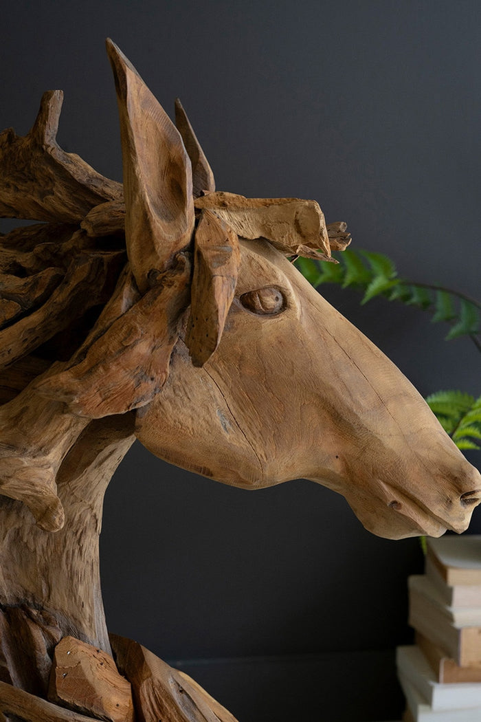 Teakwood Horse Head Sculpture with Base