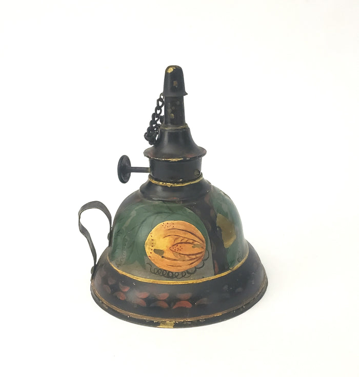 Unique Antique Tole Painted Tin and Brass Whale Oil Finger Lamp Americana Toleware
