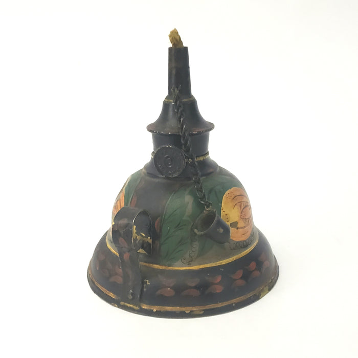 Unique Antique Tole Painted Tin and Brass Whale Oil Finger Lamp Americana Toleware