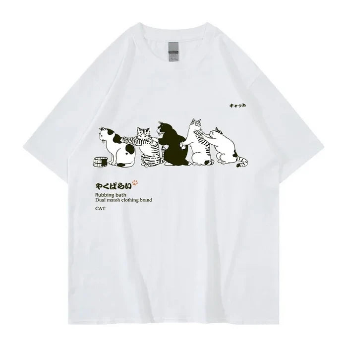 Unisex T-Shirt Streetwear Japanese Kanji Harajuku Funny Cat - myfunfarm