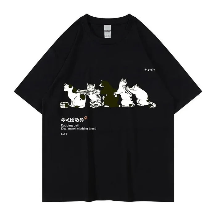Unisex T-Shirt Streetwear Japanese Kanji Harajuku Funny Cat - myfunfarm