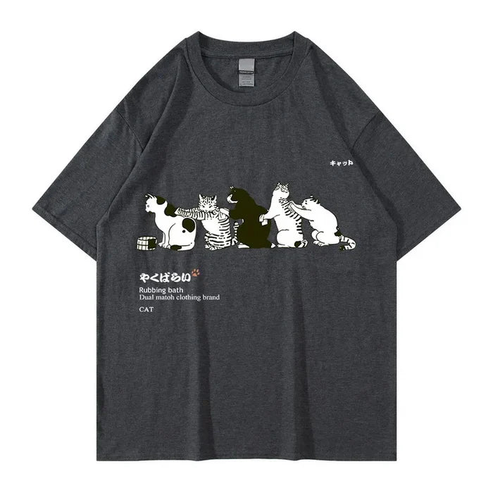 Unisex T-Shirt Streetwear Japanese Kanji Harajuku Funny Cat - myfunfarm