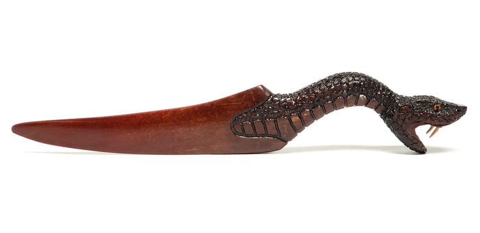 Unusual Wood Carved Paper Knife, Mythical Figural Serpent Snake Head