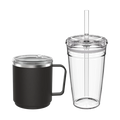 Urban Adventurer set in Black featuring a black insulated mug with handle and clear lid alongside a clear double-walled tumbler with straw, shown against a white background.