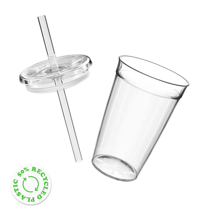 Exploded view of the Cold Cup Original showing the clear reusable cup separated from its lid and straw components. A green badge indicates the product is made from 50% recycled plastic.
