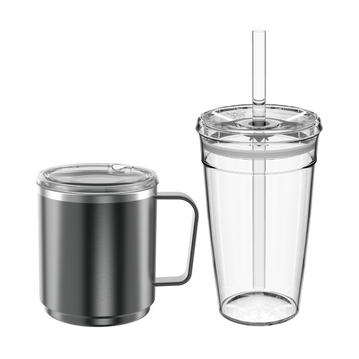 KeepCup Urban Adventurer Nitro set featuring a dark gunmetal stainless steel mug with handle and clear lid alongside a clear double-walled plastic tumbler with straw, shown on a white background.