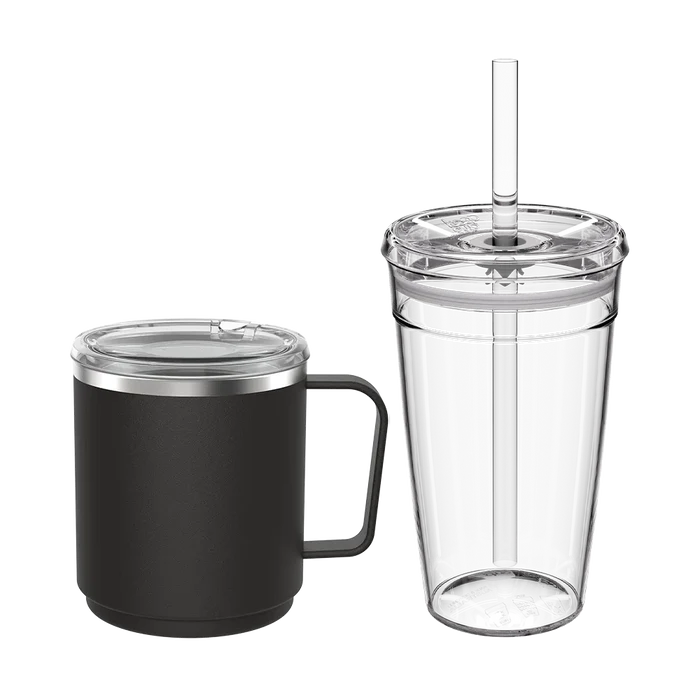 Urban Adventurer set in Black featuring a black insulated mug with handle and clear lid alongside a clear double-walled tumbler with straw, shown against a white background.