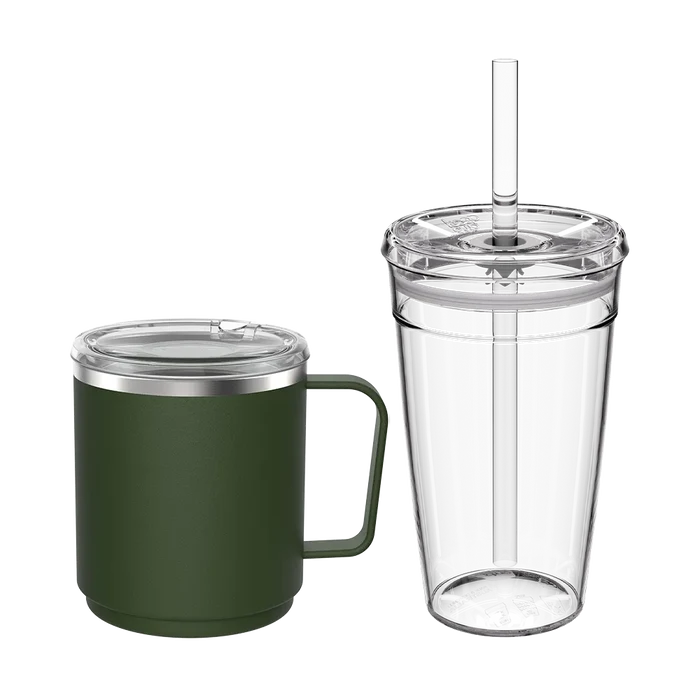 KeepCup Urban Adventurer set in Pine colour featuring a dark green insulated mug with handle and clear lid alongside a clear double-walled tumbler with straw, shown against a white background.
