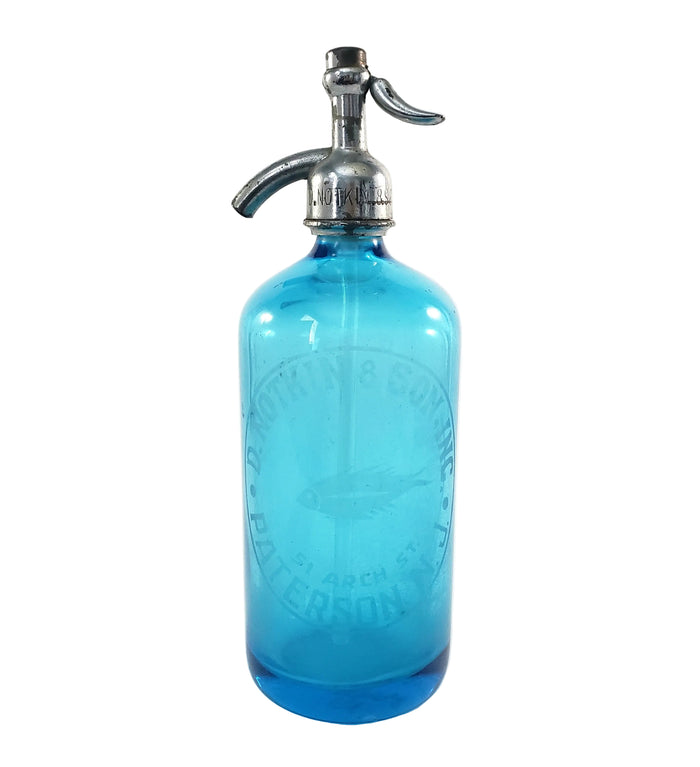 Vintage Turquoise Blue Etched Siphon Seltzer Bottle D. Notkin & Son. Inc. Patterson, NJ Vintage Barware