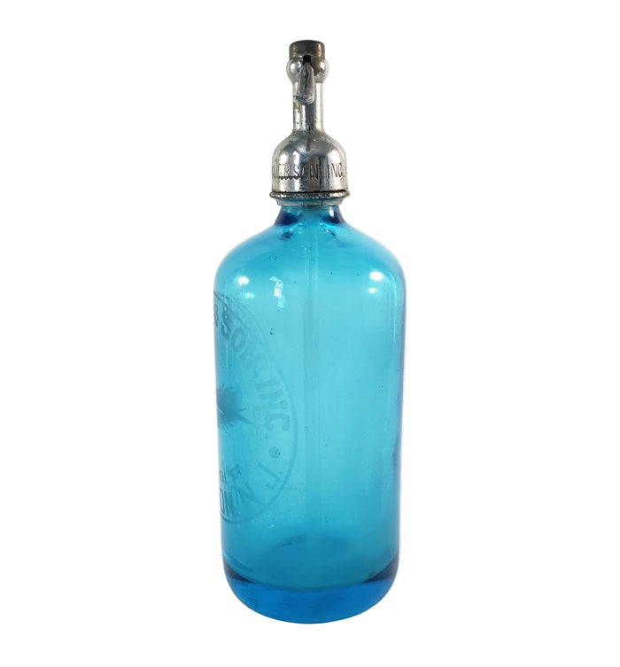 Vintage Turquoise Blue Etched Siphon Seltzer Bottle D. Notkin & Son. Inc. Patterson, NJ
