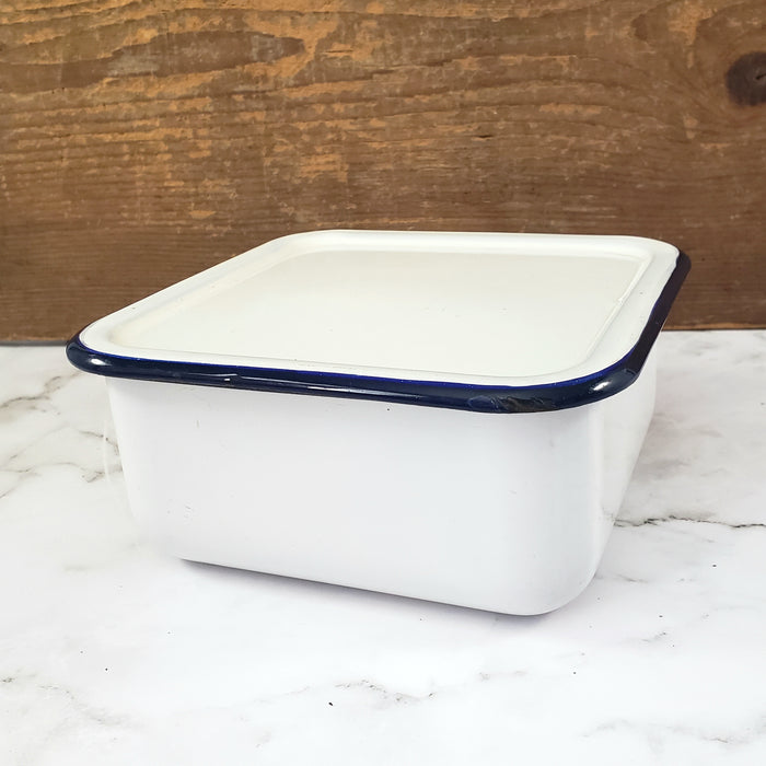 Vintage White Enamelware Square Storage Container Blue Trim with Lid