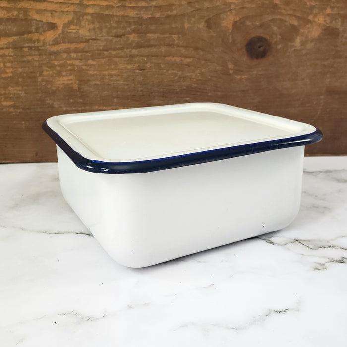 Vintage White Enamelware Square Storage Container Refrigerator Bin Blue Trim with Lid