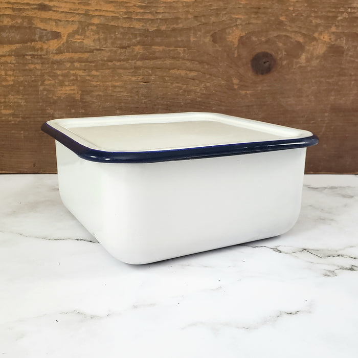 Vintage White Enamelware Square Storage Container Refrigerator Bin Blue Trim with Lid